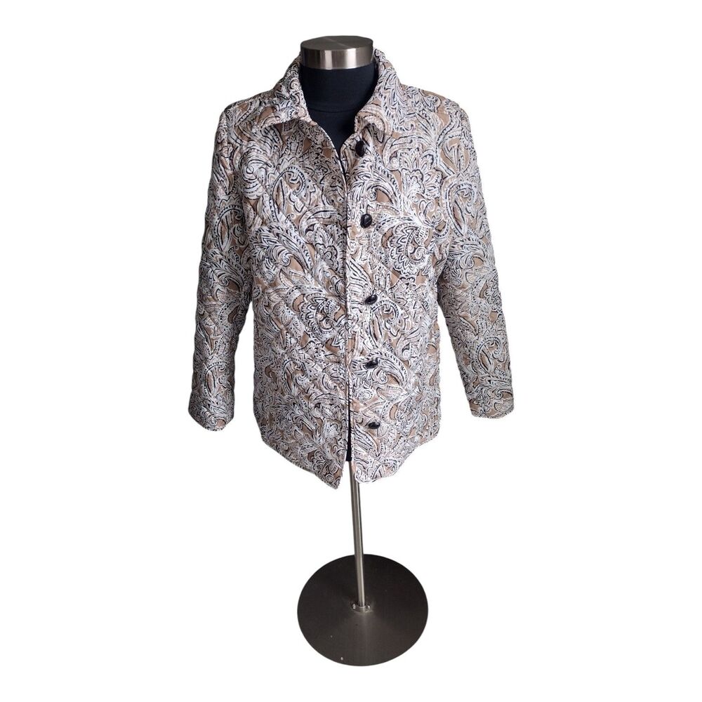 Jones New York Size Large Tan and Black Quilted Paisley Button-Front Jacket